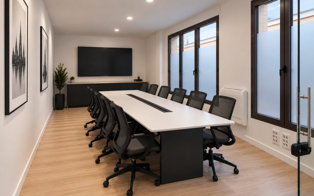 Sala de reuniones del centro de negocios CNP El Pilar en Zaragoza, con mesa amplia y pantalla para presentaciones